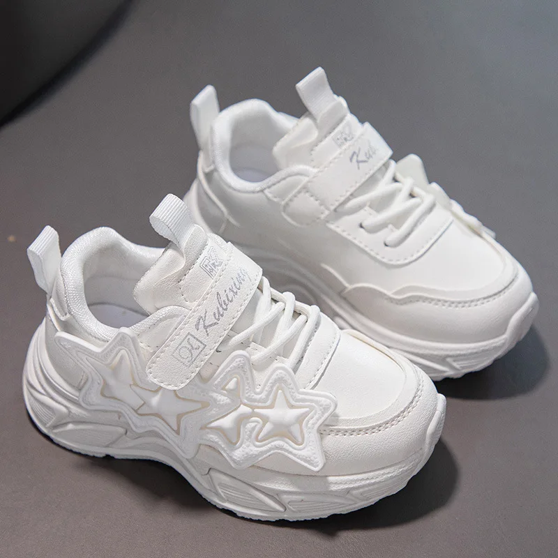 Girls Sports Shoes Spring Breathable Fashionable Sneakers Children Student Leather Small White Shoes PVC Casual Trendy Shoe