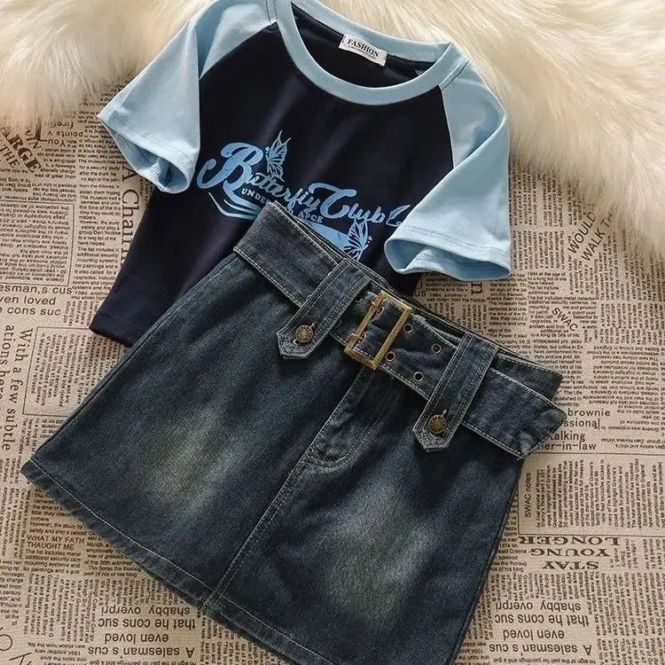 

Fashionable Women American Retro Spice Girls Pure Desire Wind Top Short Short Sleeve T-Shirt Denim Halter Skirt Two Piece Set