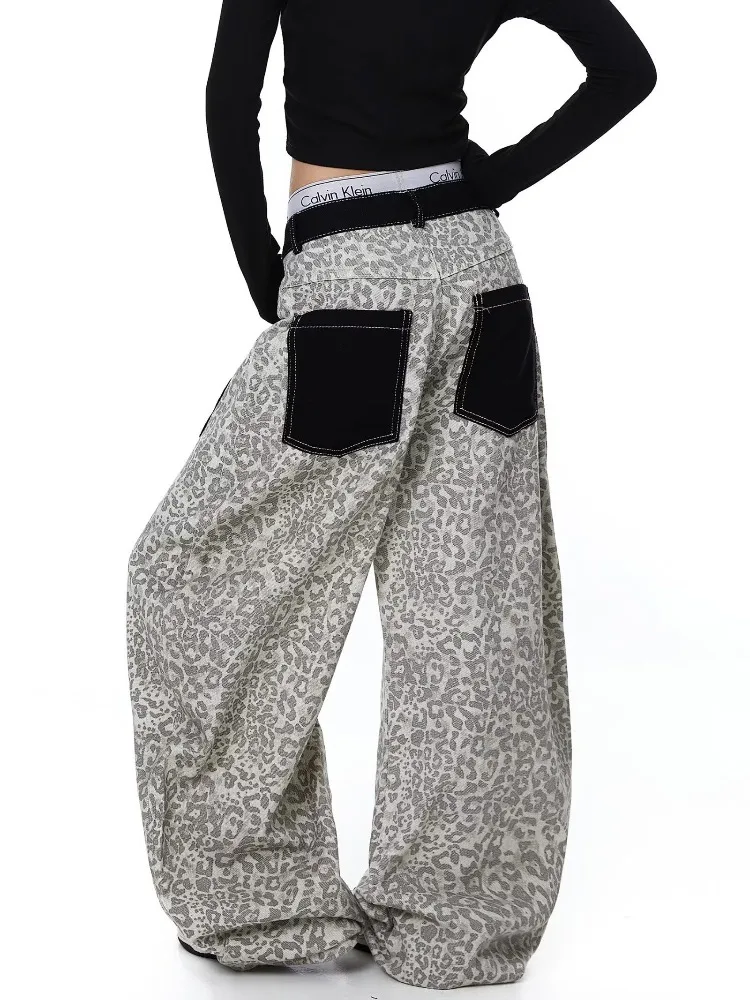 Women's Color Blocking Pocket Light Leopard Print Casual Pants Wide Legs Trousers Female Vintage Street High Waisted Sweatpants