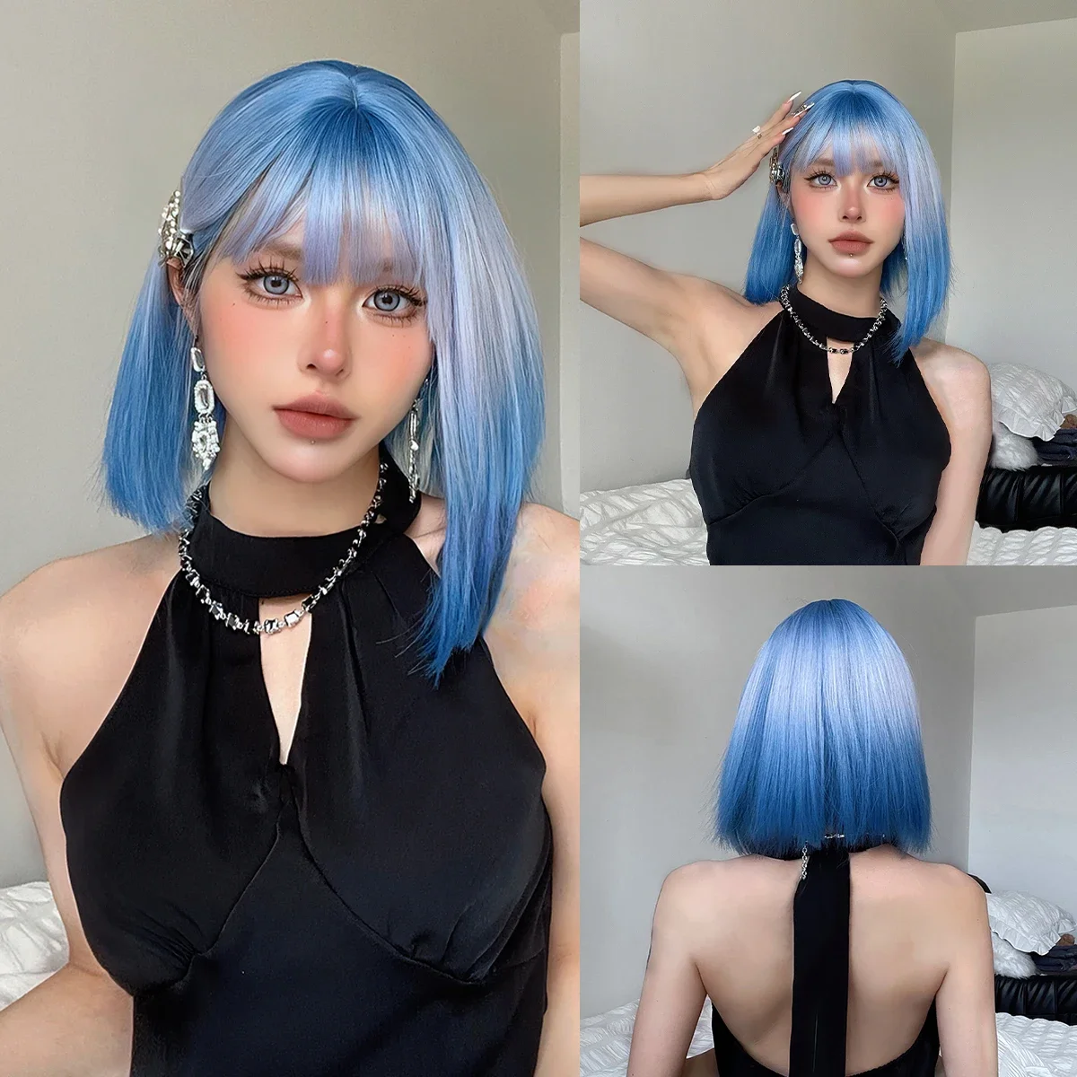 

Cosplay Synthetic Wig with Bangs Blonde Ombre Blue Short Straight Bob Lolita Halloween for Women Heat Resistant Fiber Wigs