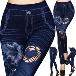 Mulheres sexy quentes jean magro jeggings calças de cintura alta leggings feminino impressão tornozelo-comprimento magro legging fitness plus size