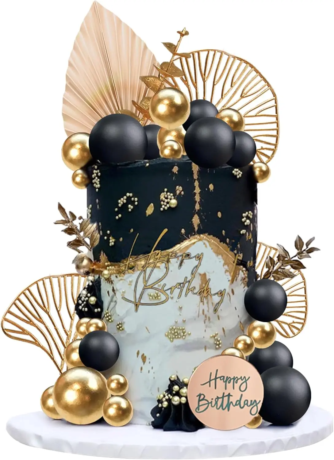 Boho Cake Topper Happy Birthday Cake Decorations with Balls Eucalyptus for Wedding Baby Shower Boys Girls Birthday Themed Party