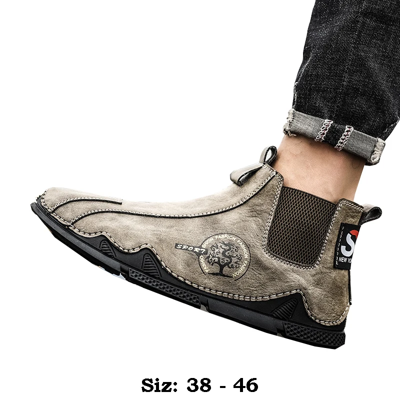 

High quality ankle length high top leather boots for men round toe new 2024 autumn winter hiking outdoor casual shoe grey khaki