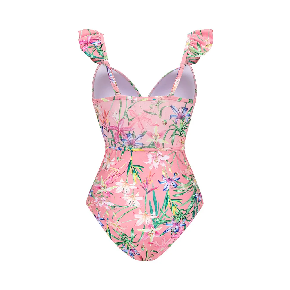 Traje de baño Floral Vintage para mujer, conjunto de Bikini de una pieza, falda de playa, traje de baño de poliéster, vestido Maxi