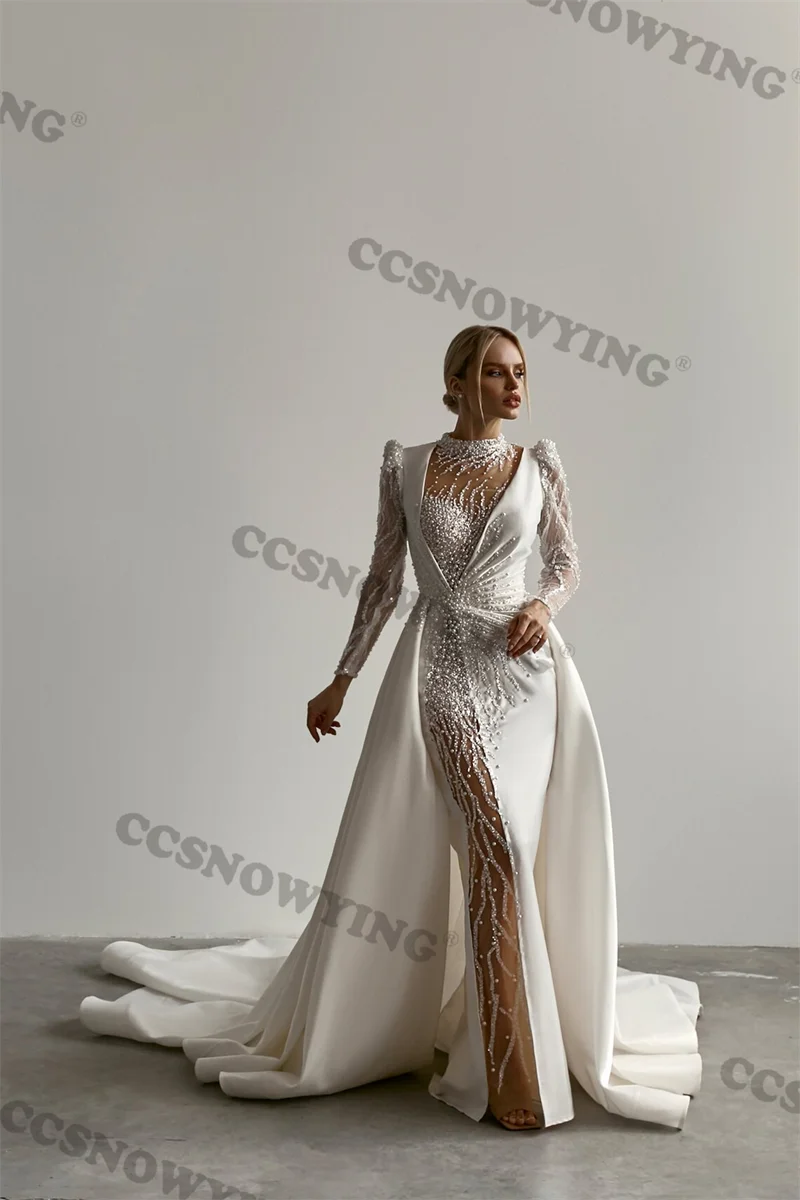 Luxury Appliques Beaded Wedding Dress Satin Long Sleeve High Neck Bridal Gowns Arabic Dubai Vestidos De Novia