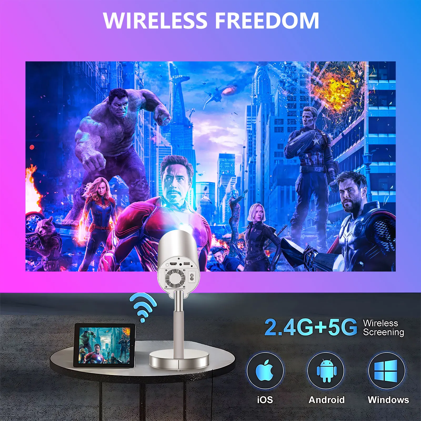 Mini Android Portable Projector  Support 1080p 4K  Integrated 90°Adjust Stand Hight Adjustment WiFi and Bluetooth Model: TS3