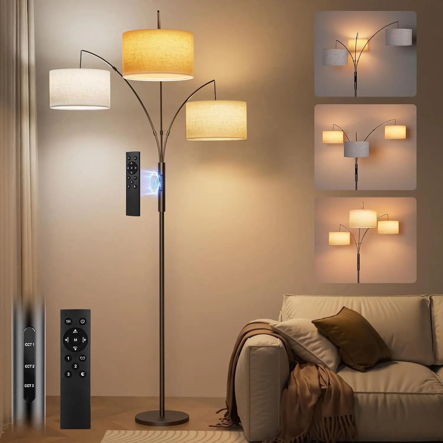 

36W Dimmable Arc Floor Lamp with Remote & Touch Control, 3 Lights for Living Room Bedroom Office