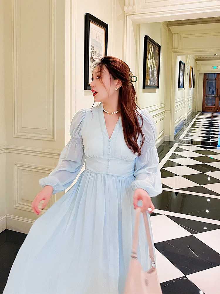 

Эффектное винтажное осеннее платье в стиле фей для полных женщин, с высокой талией, V-образным вырезом, длинными рукавами, средней длины, на молнии