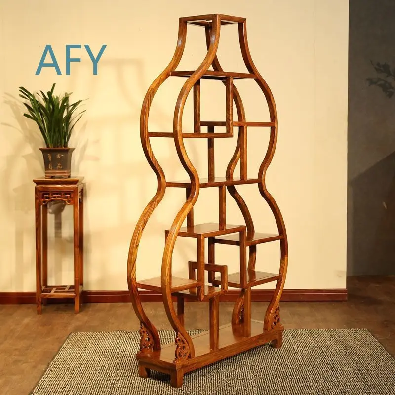 Modern Minimalist Living Room Display Shelf for Small Spaces Wooden Chinese Style Curio Cabinet with Gourd Design Tea