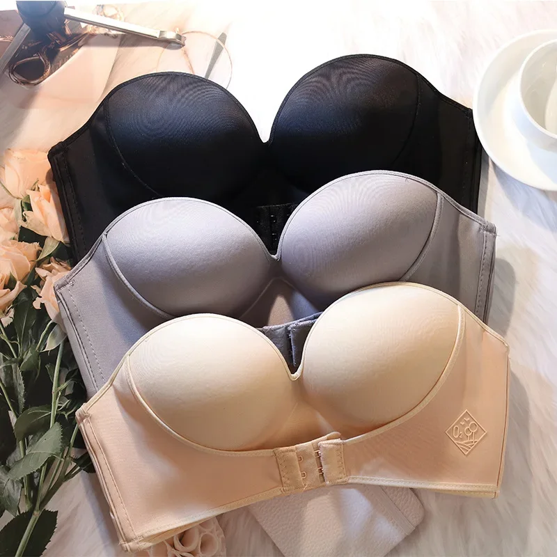 Women Sexy Strapless Push Up Bra Front Closure Bralette Invisible Bras Underwear Lingerie 1/2 Cup Seamless Brassiere ABC Cup