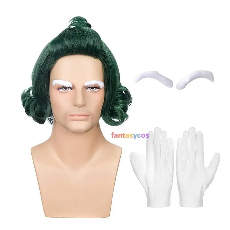 Oompa Cosplay Wig com sobrancelhas brancas para homens, peruca verde ondulada curta, cabelo sintético resistente ao calor, roupa para festa