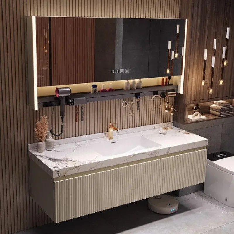 Bathroom cabinet rock slab hot bending seamless integrated basin high value hand washing washbasin cabinet combination