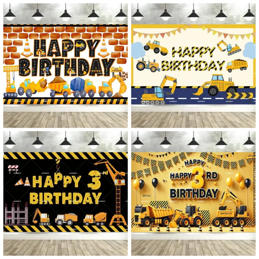 

Birthday party building team theme shooting background, excavator black and yellow striped dump truck decoration backdrop props