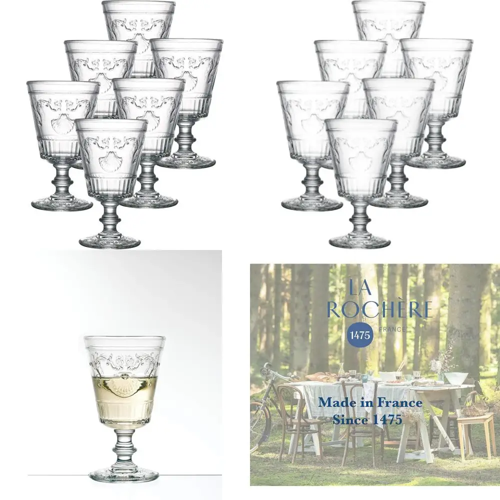 

Set of 6 Elegant French-Style Wine Glasses with Shell & Flower Design - Versailles Collection for Wine and Cocktails (7.5 Oz)