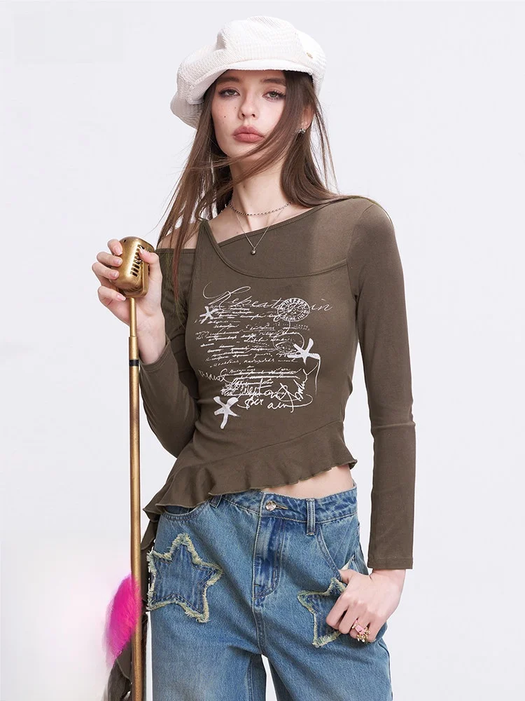 

fiti Diary oulder Bared Long Sve T irt Women Summer Design Sense Slim Fit Top Fake Two Piece ket Detail Casual ...