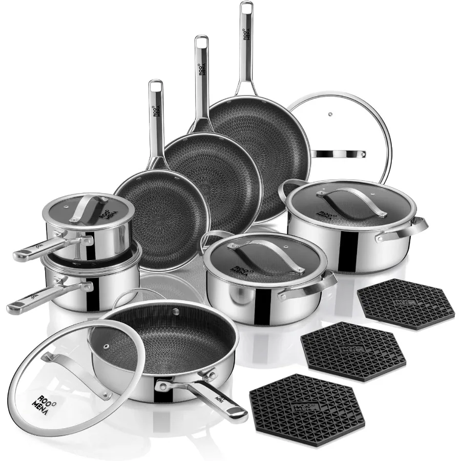 

Pots and Pans Set Hybrid Stainless Steel, 17PC Nonstick Tri-Ply Cookware Set w/Frying pan, Dishwasher & Oven Safe, PFOA-Free, Me