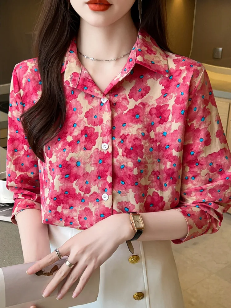 #3183 Blue Pink Vintage Long Sleeve Shirt Women Full Floral Printed Long Sleeve Shirt Femme Loose Thin Chiffon Blouse Femme