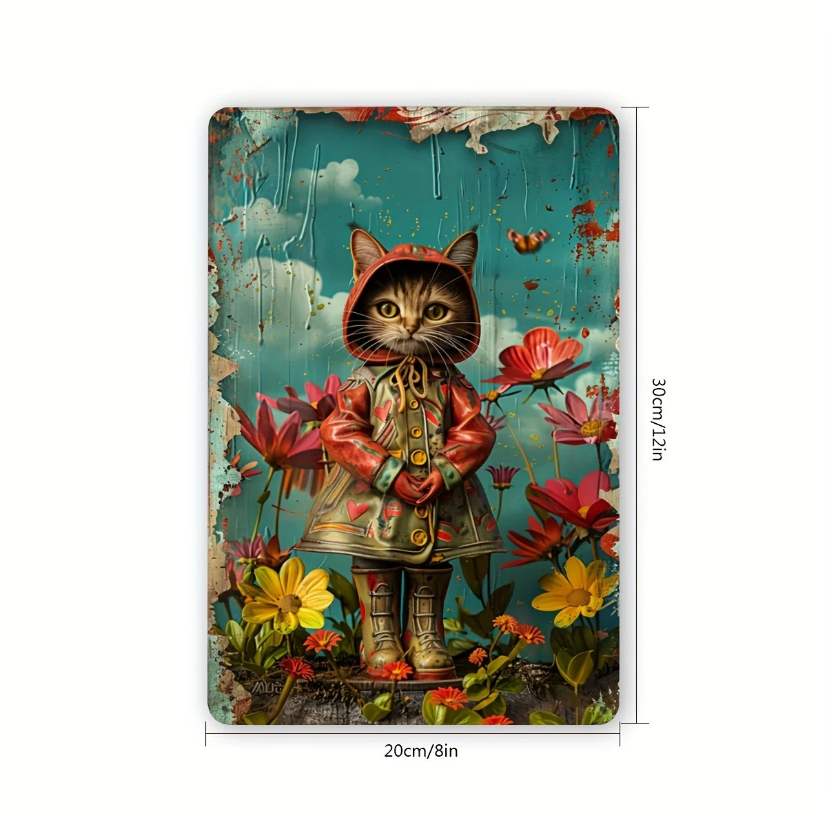 Charming Cat in Raincoat Vintage Metal Tin Sign - Perfect for Home, Office, or Cafe Decor, Indoor/Outdoor Wall Art, 20.32x30.