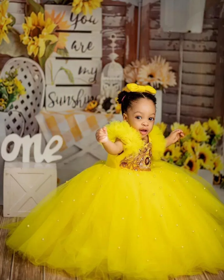 Yellow Pearls Flower Girl Dresses Customized  Sequined Kids Birthday Gowns Photos Shoot for Party Wear
