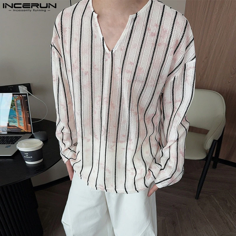 INCERUN الرجال تي شيرت مخطط طباعة الخامس الرقبة طويلة الأكمام الجوف خارج انظر من خلال الذكور المحملة القمم كبيرة الحجم الشارع الشهير 2025 الرجال الملابس