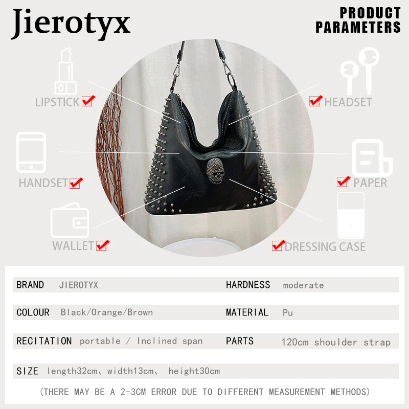 JIEROTYX Vintage Rivet Tote Bags Skull Design Bucket Bag Women Shoulder Bags Soft PU Leather Shopping Large Capacity Gothic