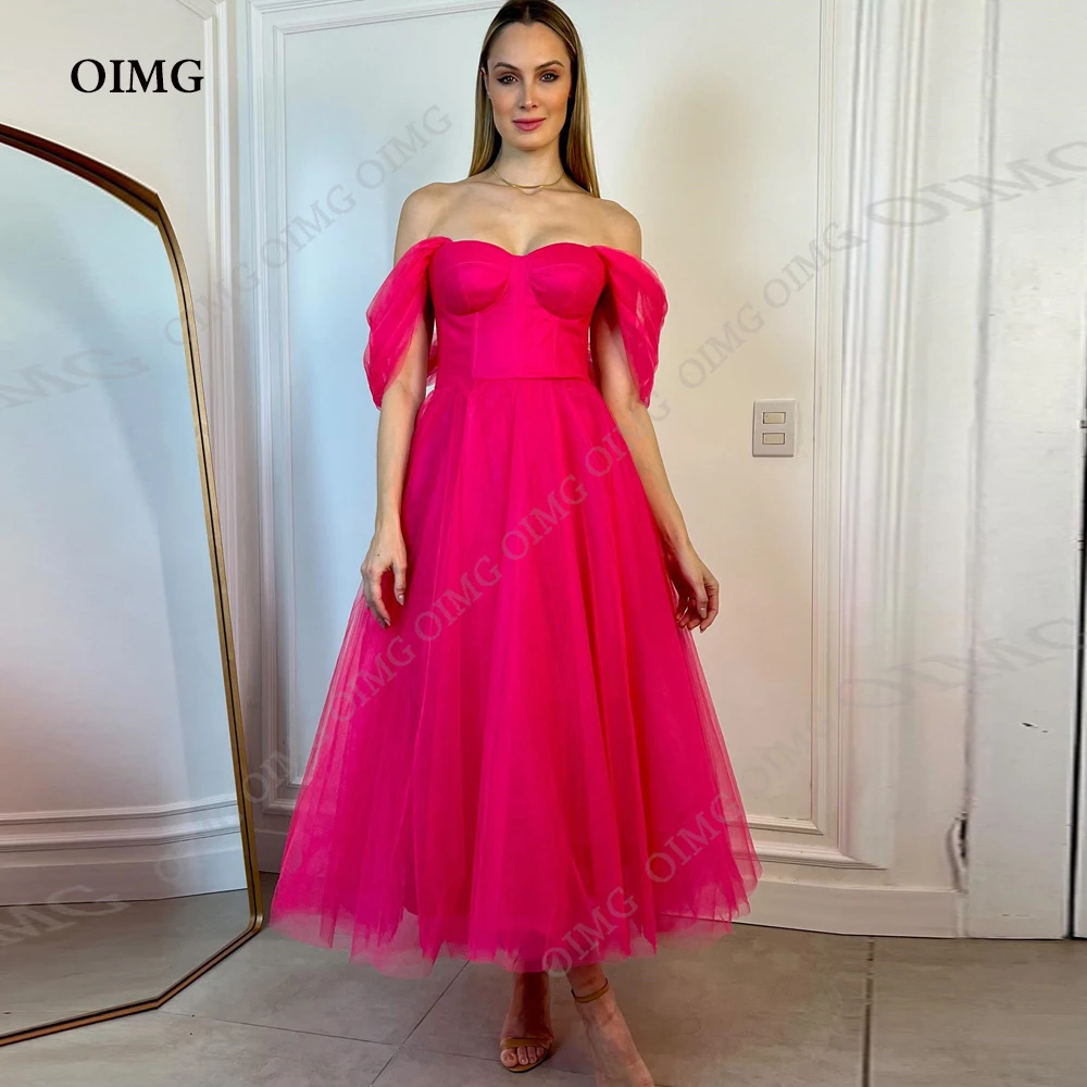 

OIMG Simple Red Tulle Midi Prom Dresses Off Shoulder Tea-Length A-Line Wedding Party Dresses 2023 Short Evening Gowns Vestidos