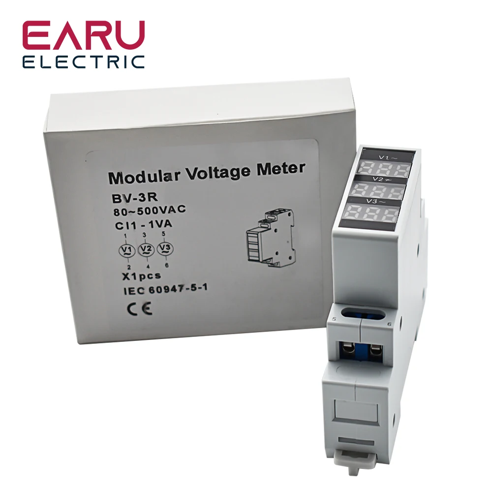 Din Rail Mount Three Phase AC 80-500V Mini Modular Volt Voltage Meter Voltmeter Gauge Indicator BV-3R LED Digital Display