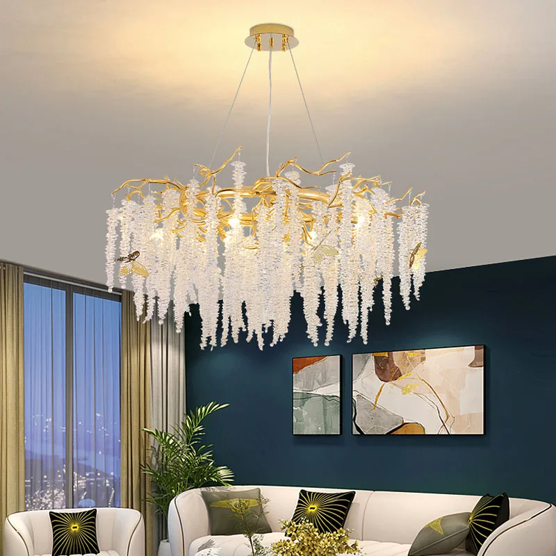 Light luxury restaurant chandelier crystal lamp long strip art creative branch living room American dining room lamp crystal