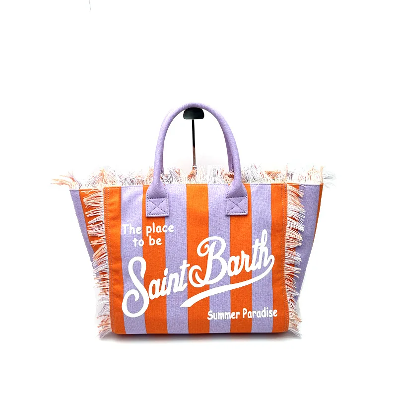 SAINT BARTH New women's high-capacity leisure tourism canvas striped handmade tassel handbag tote bag