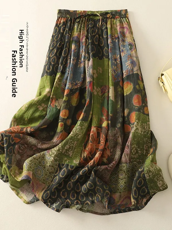 n Sle Floral Print Cotton Linen Skirt Women's mid Waist A-Line Midi Skirt Summer New Retro Forest System Skirt
