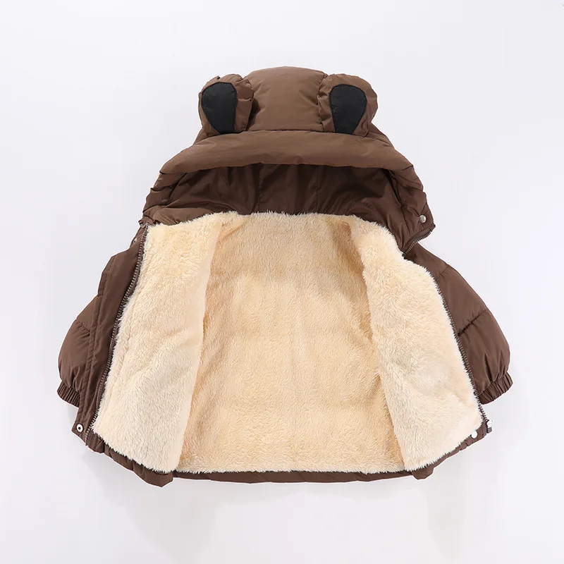 1-8 Jahre Kinder Daunenjacke Herbst Winter Baby Jungen Mädchen Einfarbig Bärenohren Lammwollfutter Dicke Kapuzenjacke – Detail 7