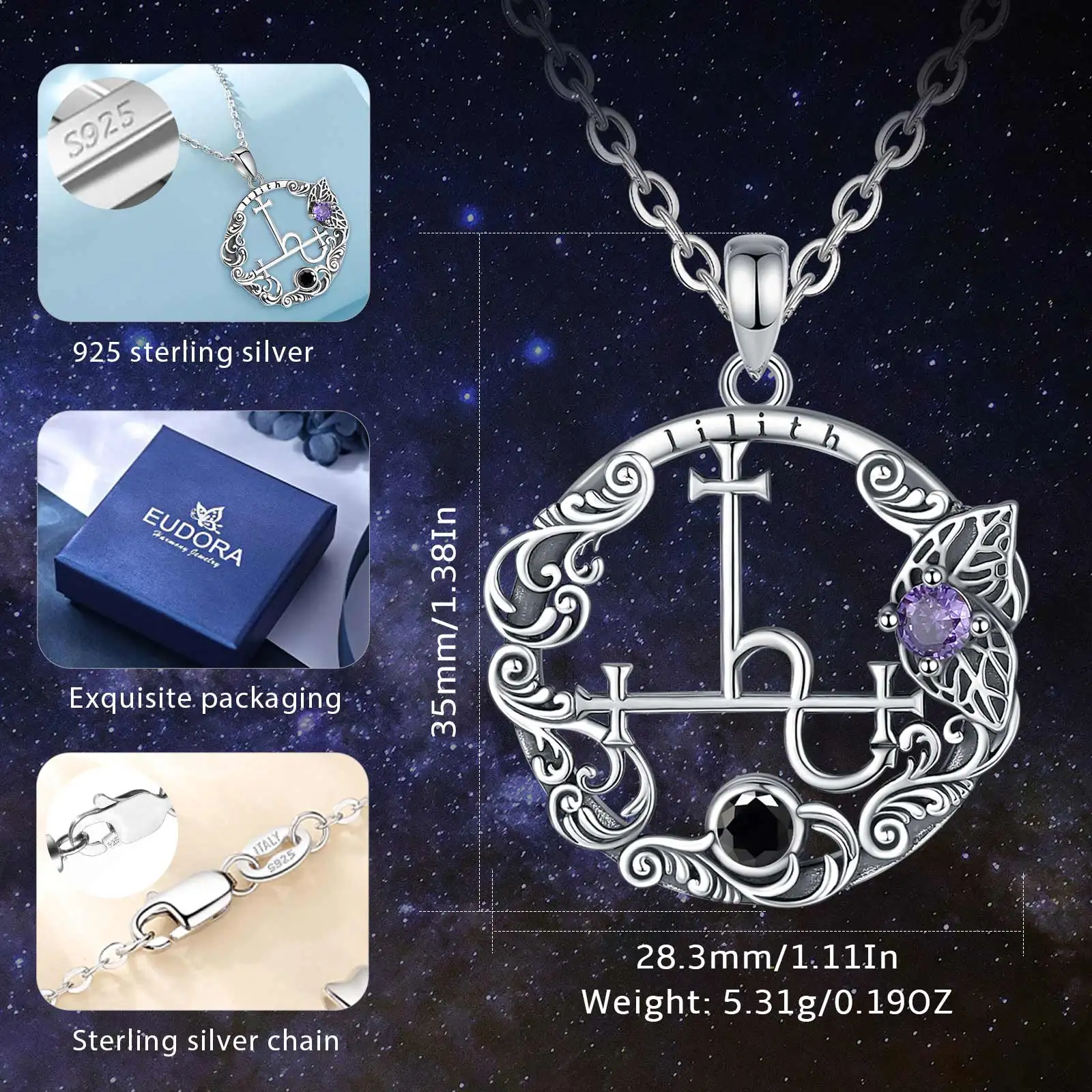 Eudora 925 Sterling Silver Lilith Sigil Necklace for Women Man Vintage Demon Lilith Moon Seal Butterfly Pendant Personality Gift