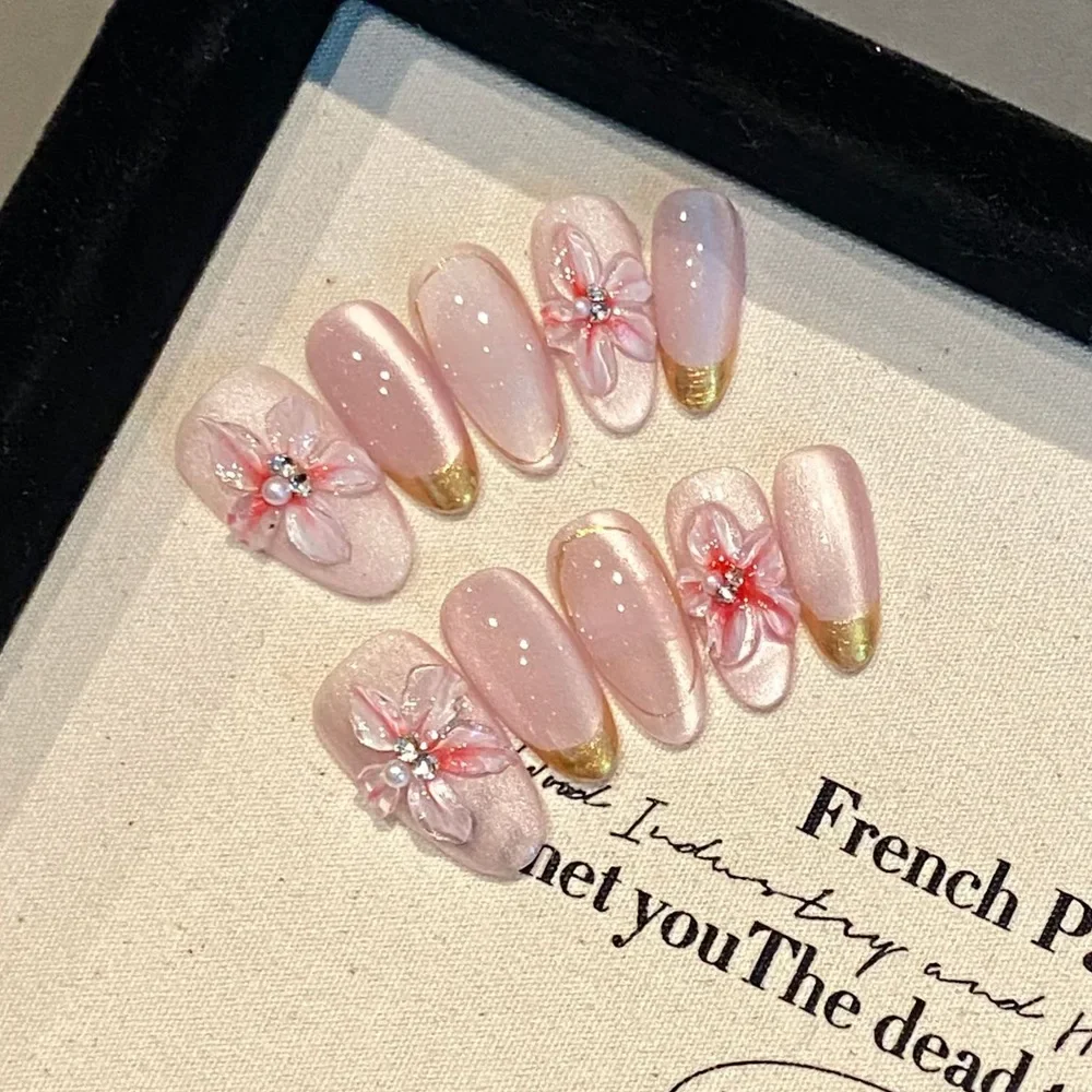 Handmade 3d Flowers Press on Nails Long Stelitto Pink Reusable Fake Nails Artifical Acrylic Nail Tip Nail Art Desired Life Store