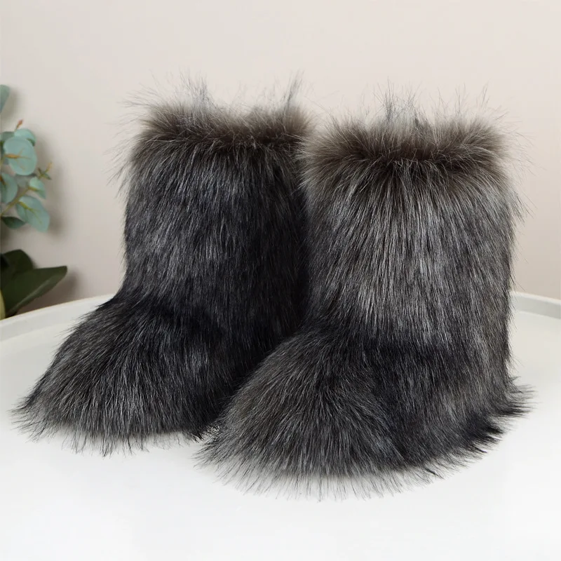 Flat Mid-calf Boots For Spice Girls Faux Fur Long Plush Shoes Y2K Street Style Winter Warm Fashion Party Dress Slip-on Casual