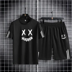 Three bar trendy men's printed sports set with smiling face pattern, mesh breathable round neck T-shirt, two-piece pants set new