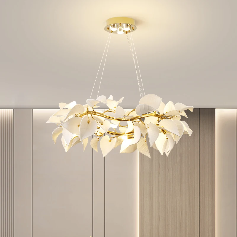 Modern Ceramic Leaf Chandelier for Dining Living Room Bedroom Gold Iron Pendant Light White Lotus Petal LED Lighting Fixture