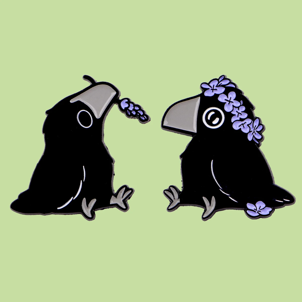 2er-Set Niedliche Lila Blumen-Krähen-Emaille-Anstecknadeln, Schwarze Vogel-Broschen, Reversnadeln, Rucksack-Accessoires, Dekorativer Schmuck, Geschenk für Liebhaber