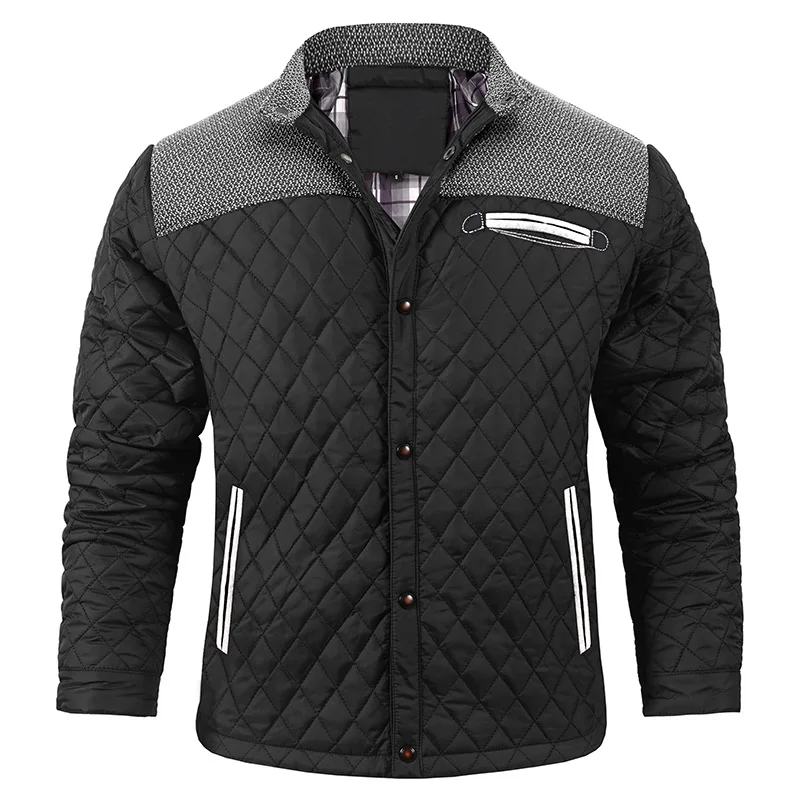 Autumn Men Jakcet Contrast Color Patchwork Plaid Stand Collar Male Coat Single-breasted Long Sleeve Casual Man Outerwear