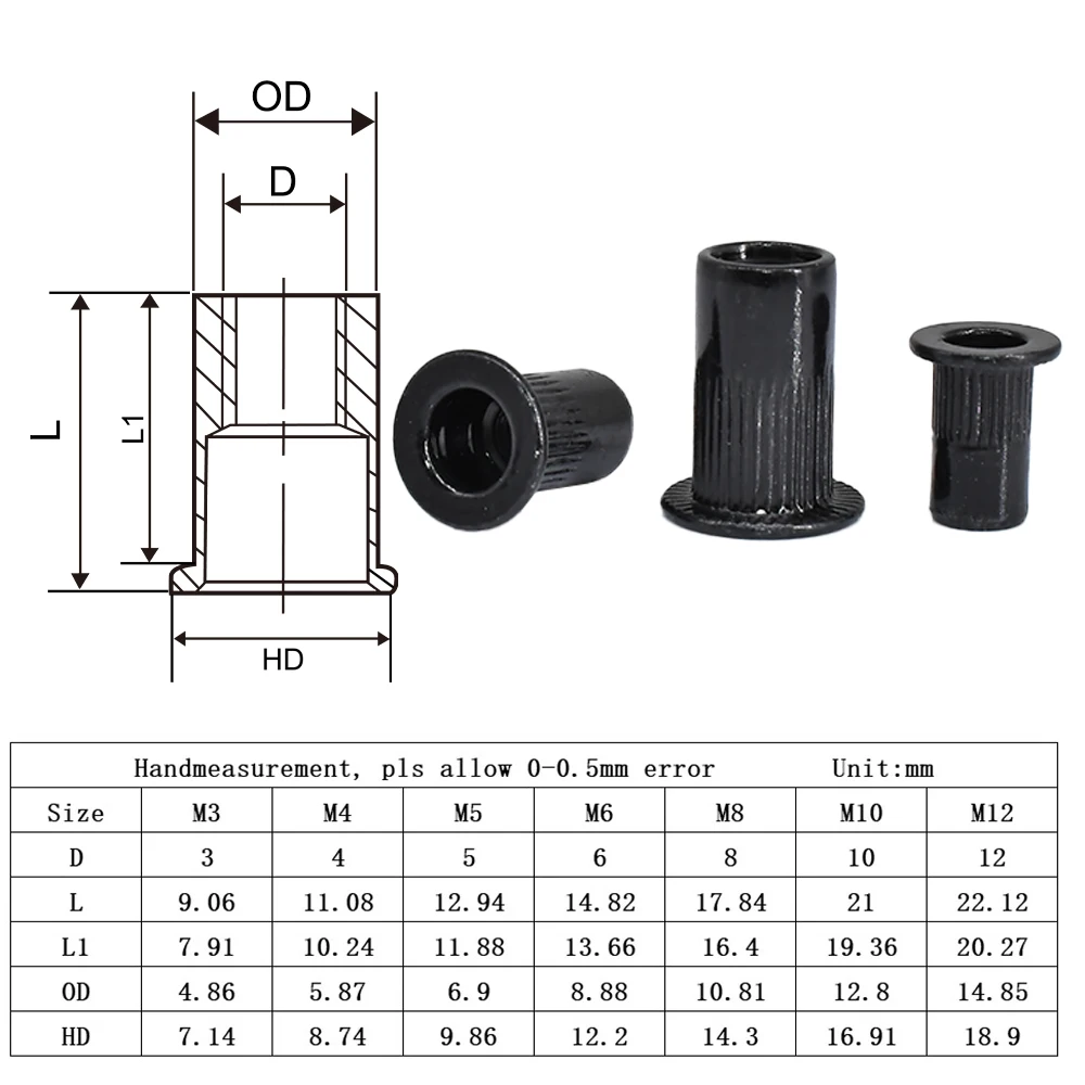 10/20/50pcs Flat Rivet Nuts M3 M4 M5 M6 M8 M10 M12 Black Carbon Steel Flat Head Threaded Insert Nutsert Cap Rivets Nuts
