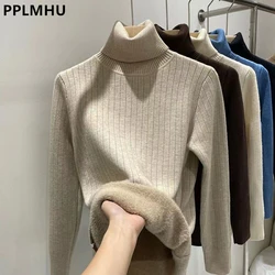 Winter Slim Turtleneck Sweater Casual New Thicken Knit Tops Women Warm Soft Plush Lined Pullover Big Stretch Knitwear Jumper