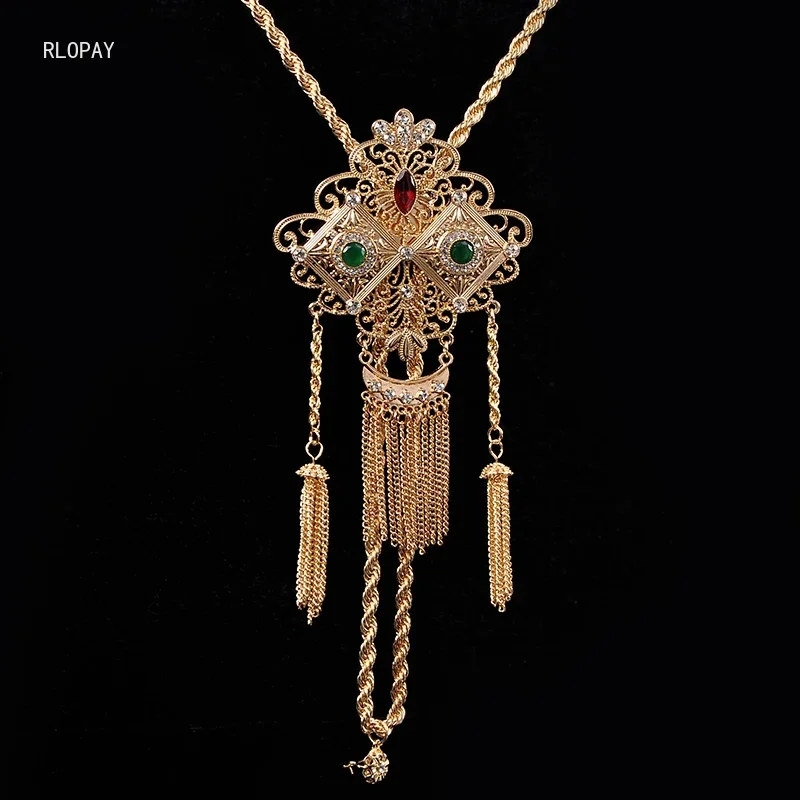 Algerian Wedding Necklace Long Chain Gold Plated Tassels Pendant with Crystals Arabic Women Shoulder Chest Jewelry