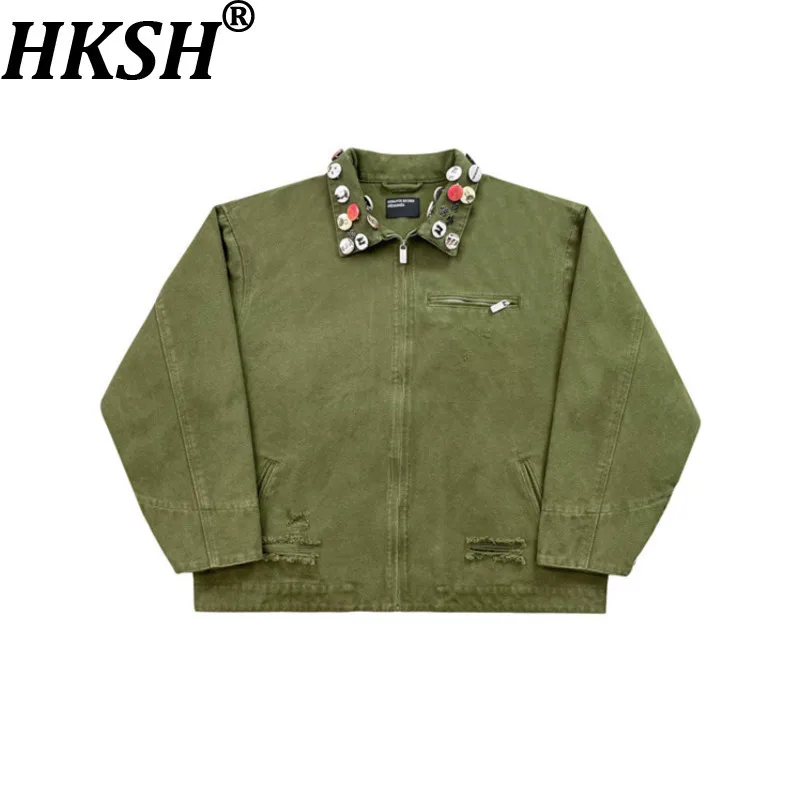

HKSH Весенне-Осенняя новая мужская нишевая винтажная потертая джинсовая куртка с потертыми молниями и значками в стиле хип-хоп HK13737
