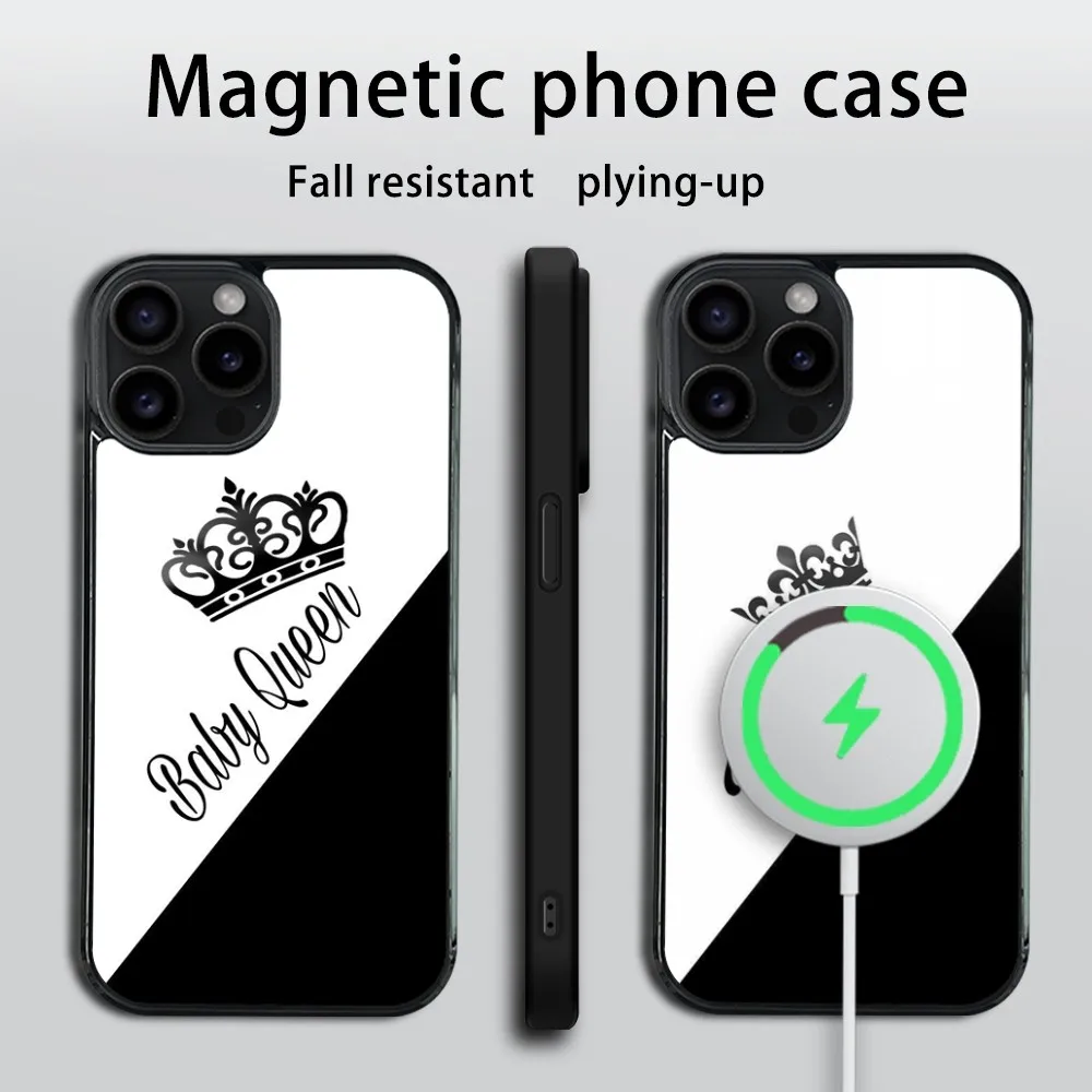 Black and white king and queen Phone Case For iPhone 16 15 14 13 12 11 Pro Max Plus Mini Mirror Wireless magnetic case