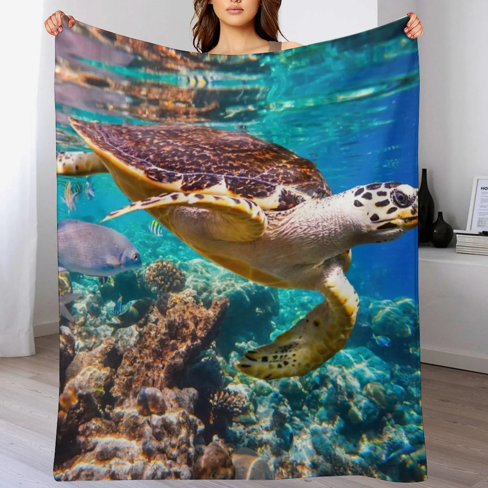 Sea Turtle and Fish Design Throw Blanket Soft Cozy Blanket for Pet Kids Adults