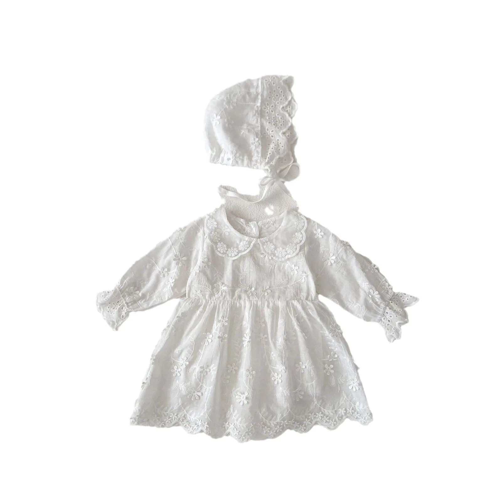 Autumn Baby Girl Dress Flower Jacquard Embroidery Collar Long Sleeve Toddler Girls Dress Solid Cotton Princess Infant Girl Dress