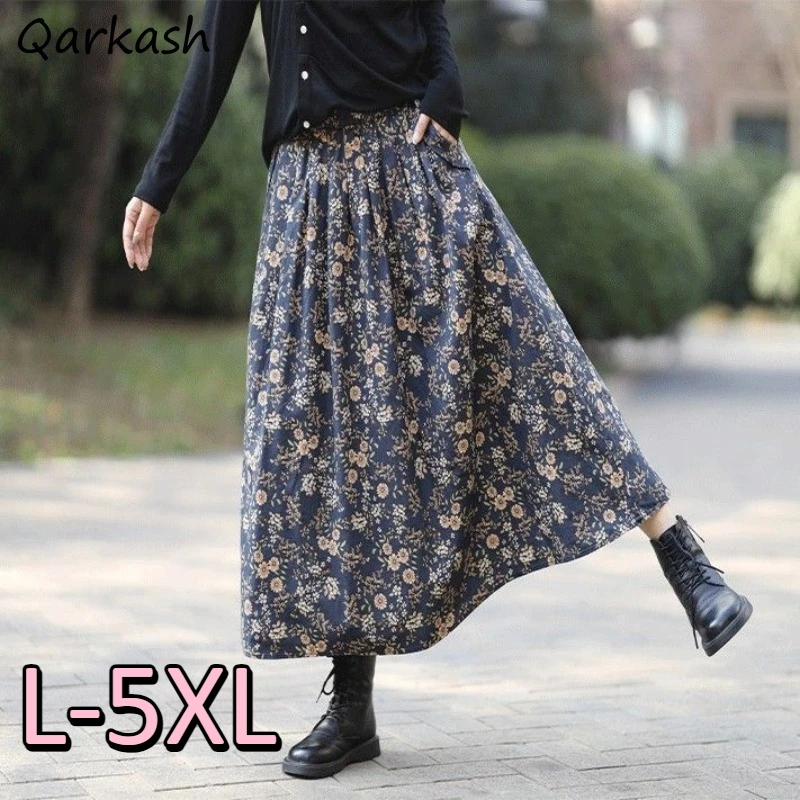 Vintage Midi Skirts Women Loose A-line Floral Print Elastic Waist All-match Classical Spring Summer Literary Elegant L-5XL Mujer