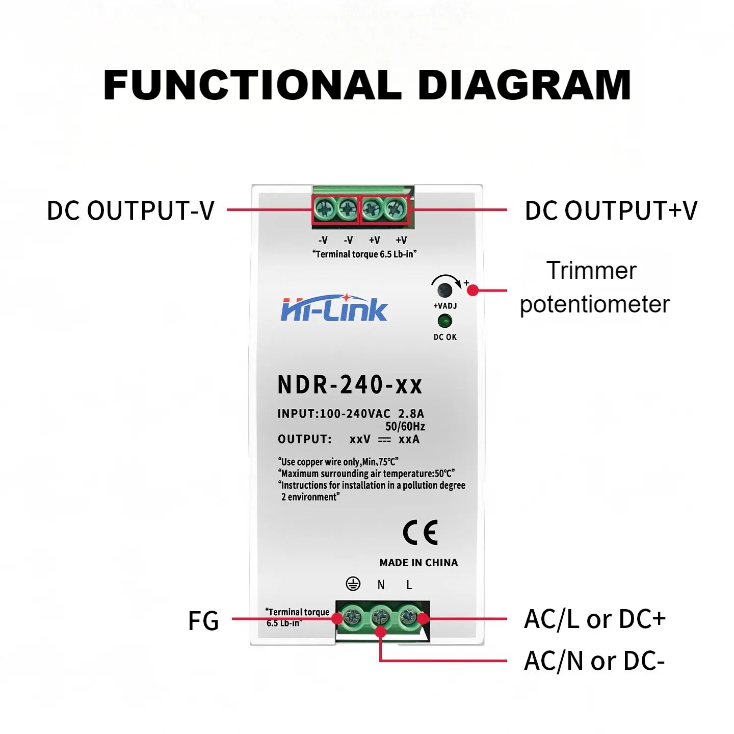 HI-LINK NDR-240 Series DIN Rail Switching Power Supply 24V 10A /48V 5A 240W 100-240VAC Input Industrial DC Power Supply