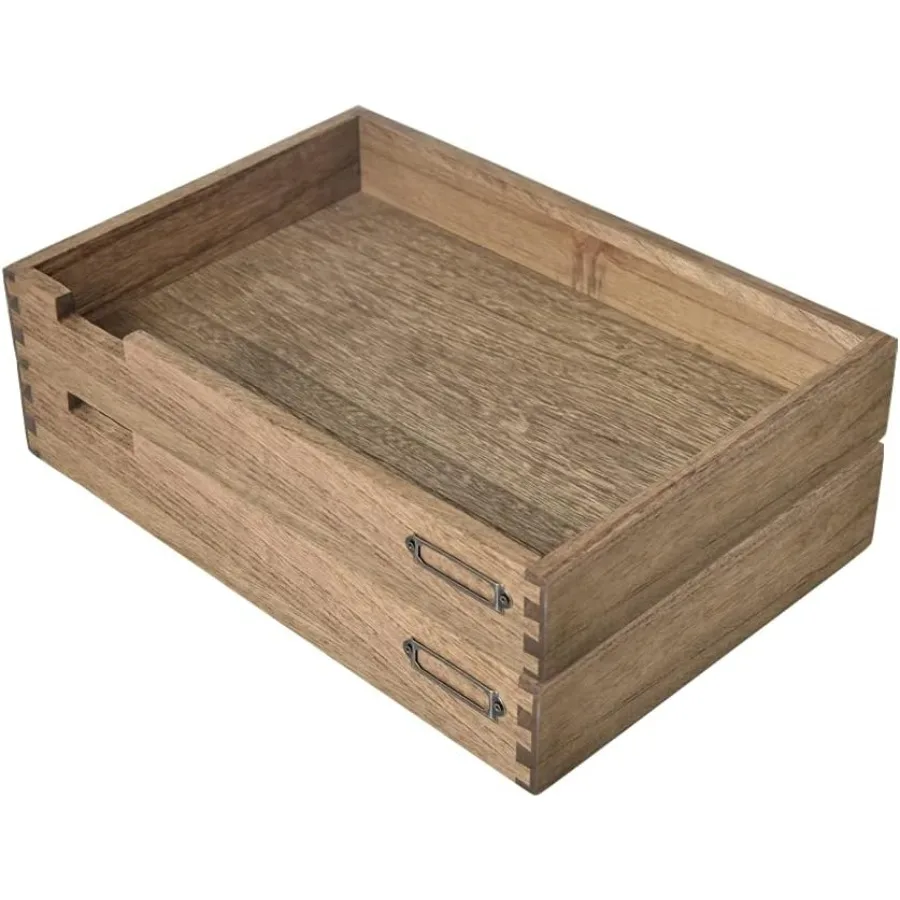 علبة مكتب خشبية قابلة للتكديس لتنظيم الحروف المكتبية مكونة من قطعتين - منظم مكتبي من طبقتين مع حامل بطاقة ملصق معدني لـ Effi #2