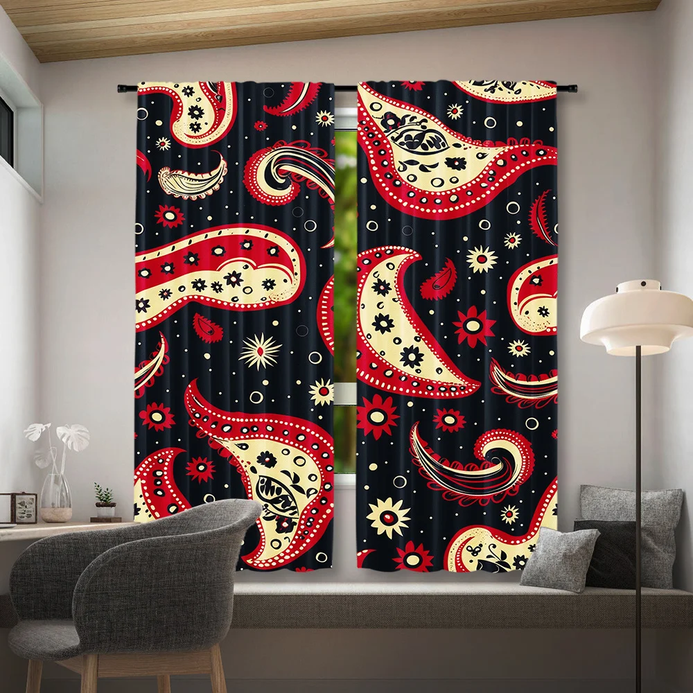 2pcs Vintage Paisley Pattern Curtains, Rod Pocket Mount, Polyester Material, Red & Golden Floral Design on Black Background, Sem