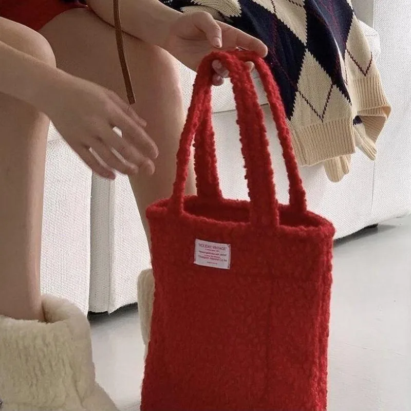 Women Candy Color Small Label Tote Handbag Casual Cute Hand Held Wool Bag 2023 New Fashionable Casual Purses and Handbags